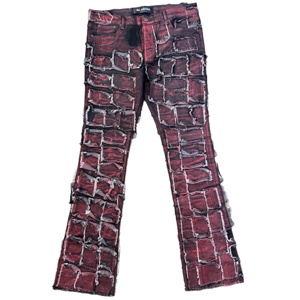 Valabasas Red Black Geometric Patchwork Denim Jeans Button Fly Size 36